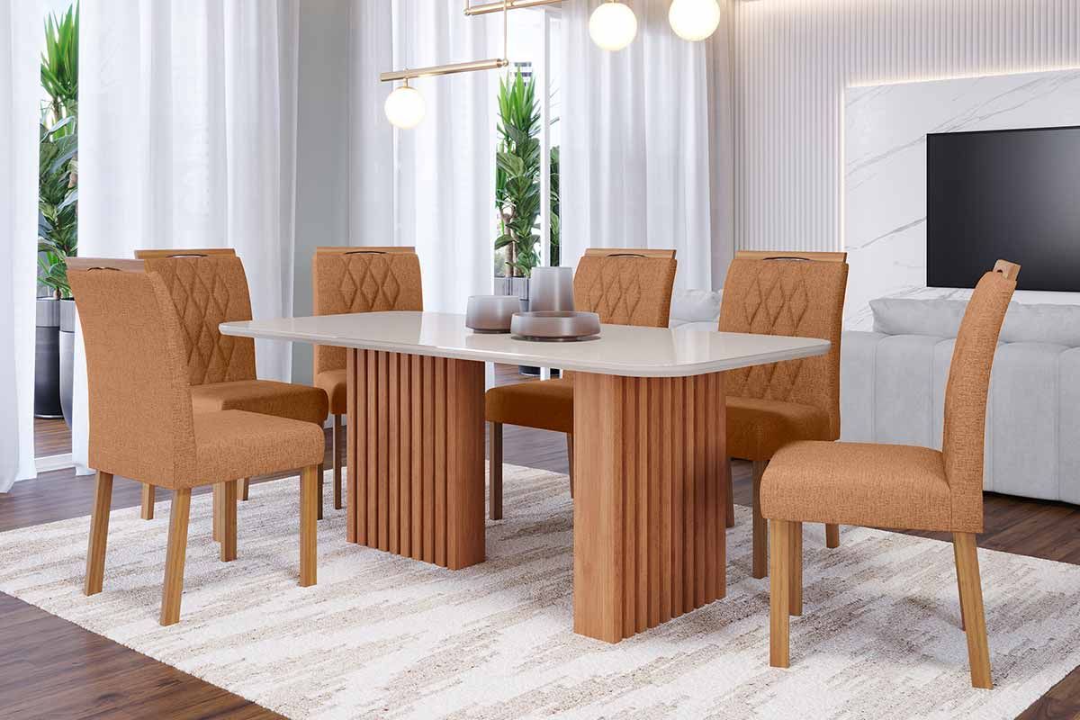 Sala Jantar Mesa Ester Tampo Madeirado c/ Vidro 180x90cm e 6 Cadeiras Juliana - Cimol