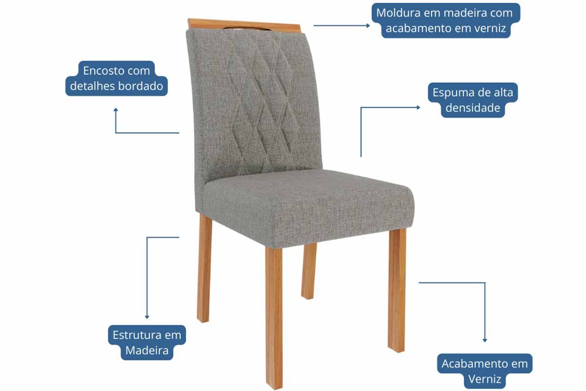Sala Jantar Mesa Ester Tampo Madeirado c/ Vidro 180x90cm e 6 Cadeiras Juliana - Cimol
