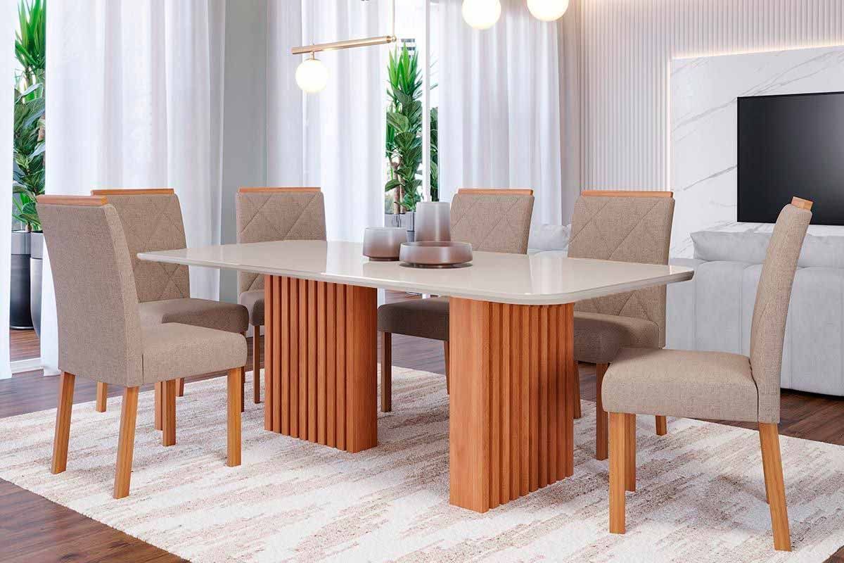 Sala Jantar Mesa Ester Tampo Madeirado c/ Vidro 180x90cm e 6 Cadeiras Fernanda - Cimol