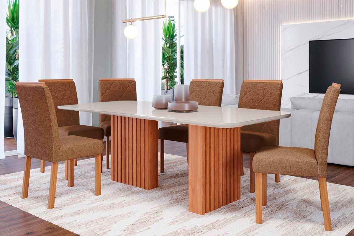 Sala Jantar Mesa Ester Tampo Madeirado c/ Vidro 180x90cm e 6 Cadeiras Fernanda - Cimol