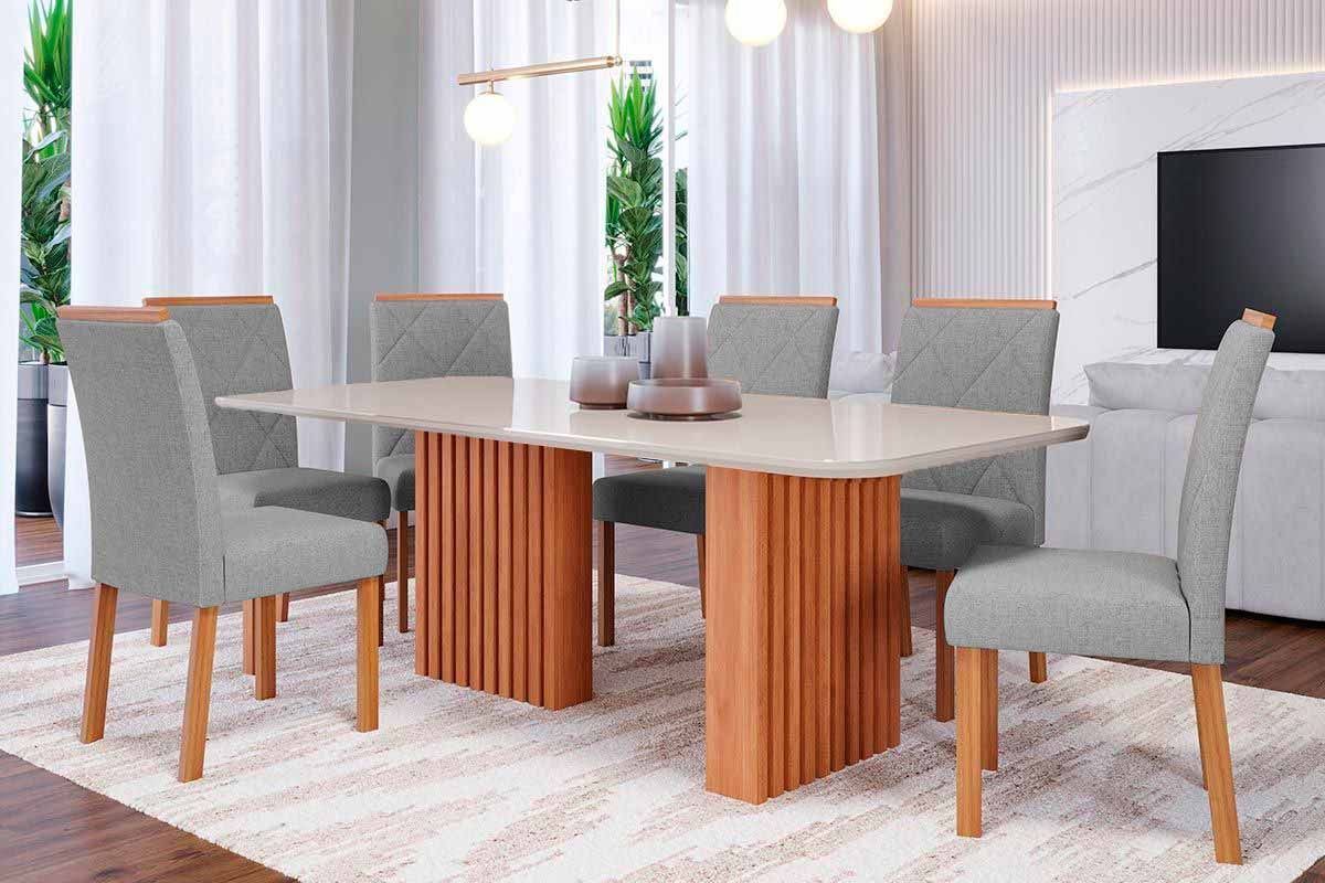 Sala Jantar Mesa Ester Tampo Madeirado c/ Vidro 180x90cm e 6 Cadeiras Fernanda - Cimol