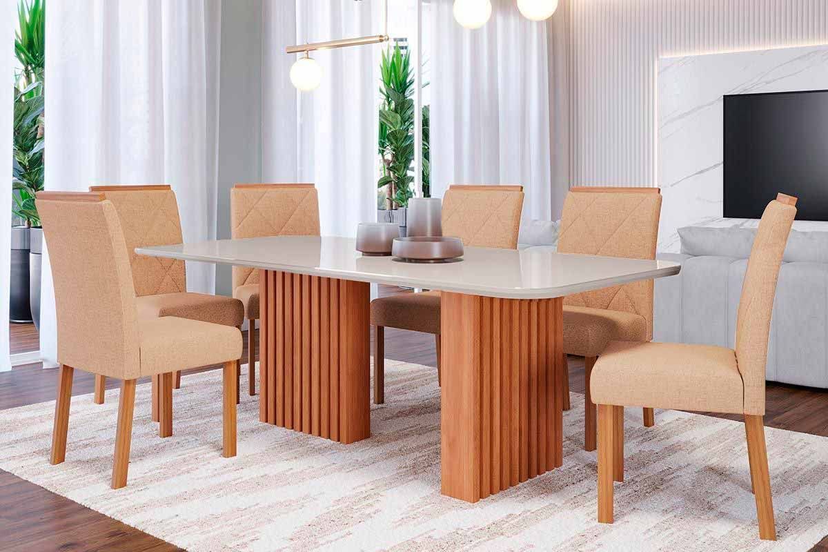 Sala Jantar Mesa Ester Tampo Madeirado c/ Vidro 180x90cm e 6 Cadeiras Fernanda - Cimol