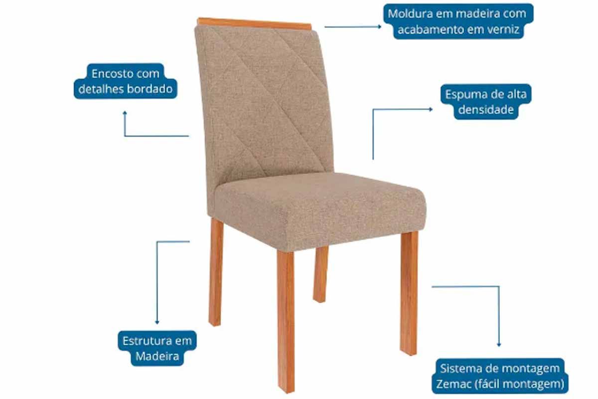 Sala Jantar Mesa Ester Tampo Madeirado c/ Vidro 180x90cm e 6 Cadeiras Fernanda - Cimol