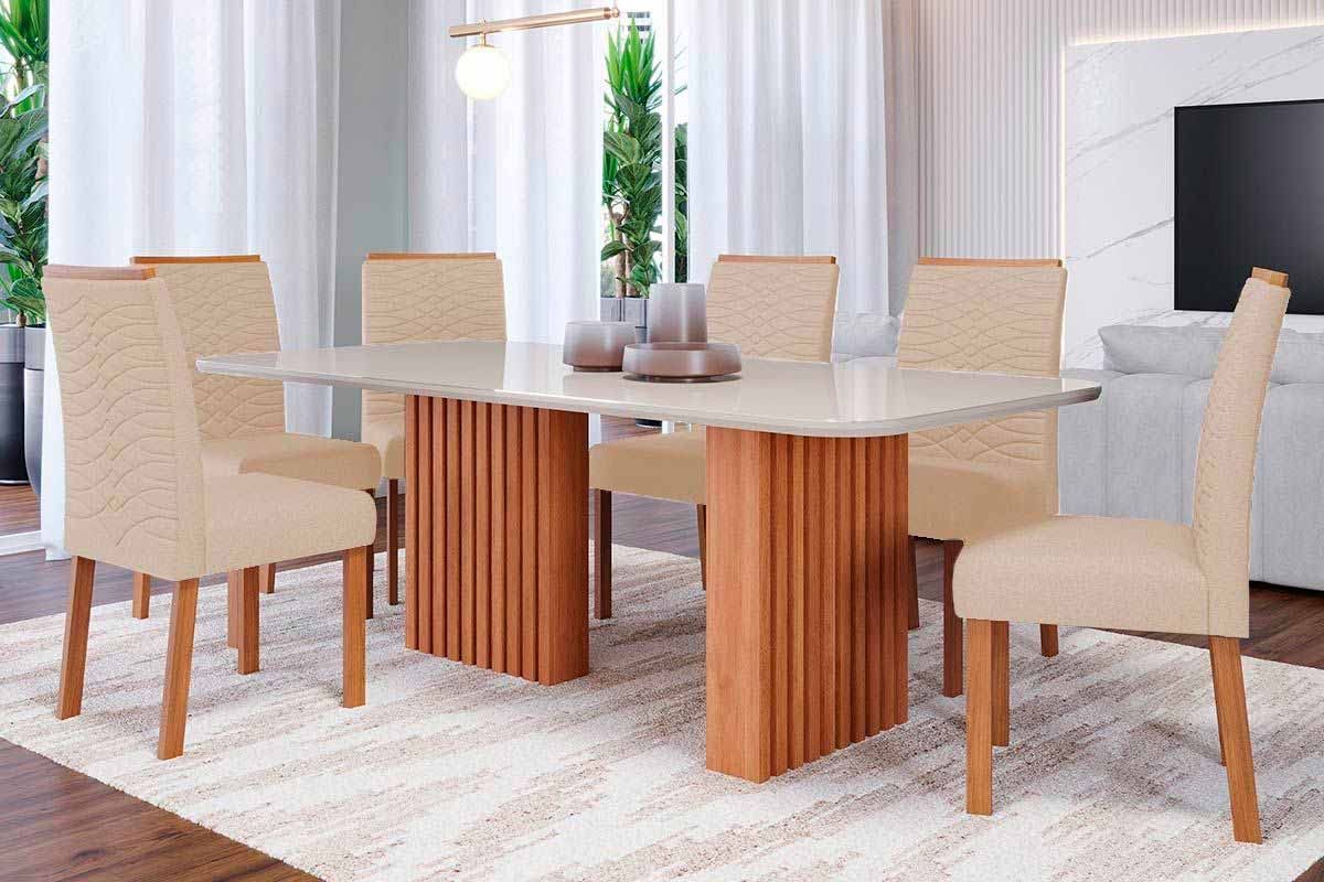 Sala Jantar Mesa Ester Tampo Madeirado c/ Vidro 180x90cm e 6 Cadeiras Clarice - Cimol