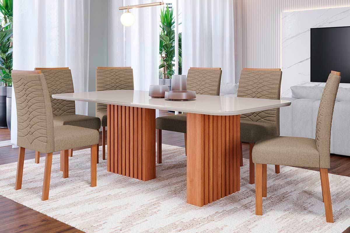 Sala Jantar Mesa Ester Tampo Madeirado c/ Vidro 180x90cm e 6 Cadeiras Clarice - Cimol