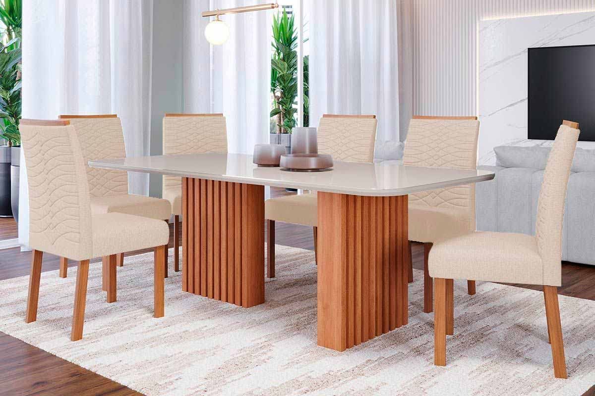 Sala Jantar Mesa Ester Tampo Madeirado c/ Vidro 180x90cm e 6 Cadeiras Clarice - Cimol