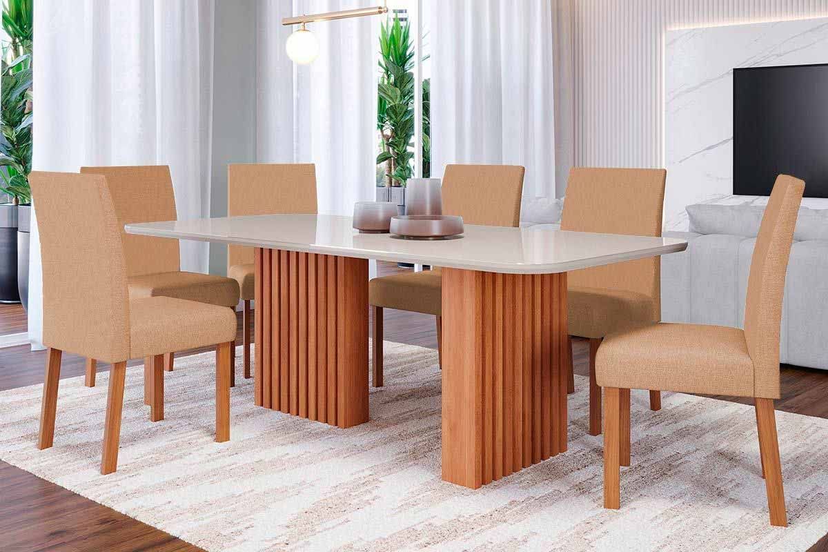 Sala Jantar Mesa Ester Tampo Madeirado c/ Vidro 180x90cm e 6 Cadeiras Maia - Cimol