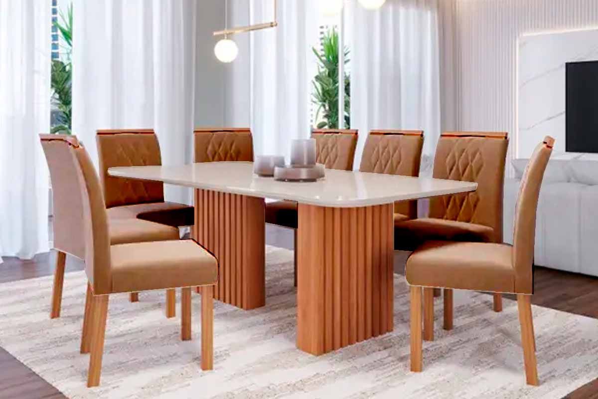 Sala Jantar Mesa Ester Tampo Madeirado c/ Vidro 210x100cm e 8 Cadeiras Juliana - Cimol