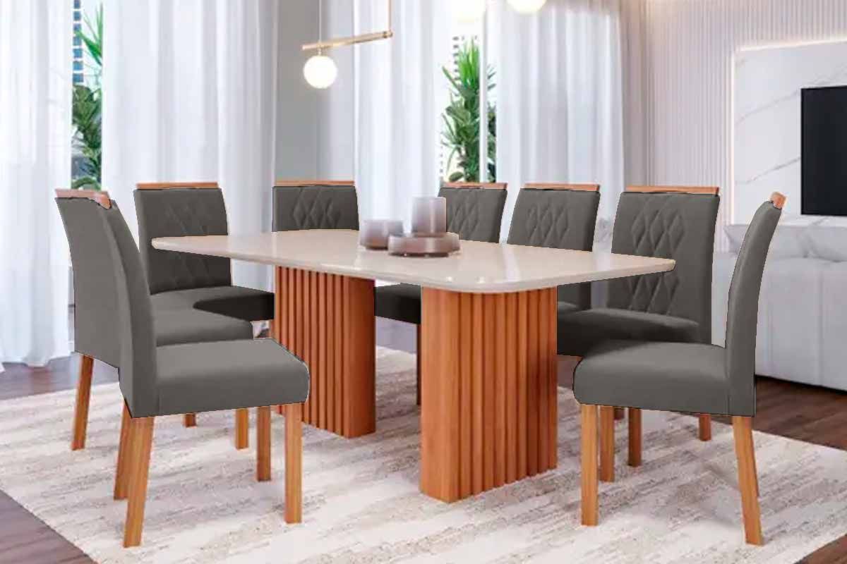 Sala Jantar Mesa Ester Tampo Madeirado c/ Vidro 210x100cm e 8 Cadeiras Juliana - Cimol