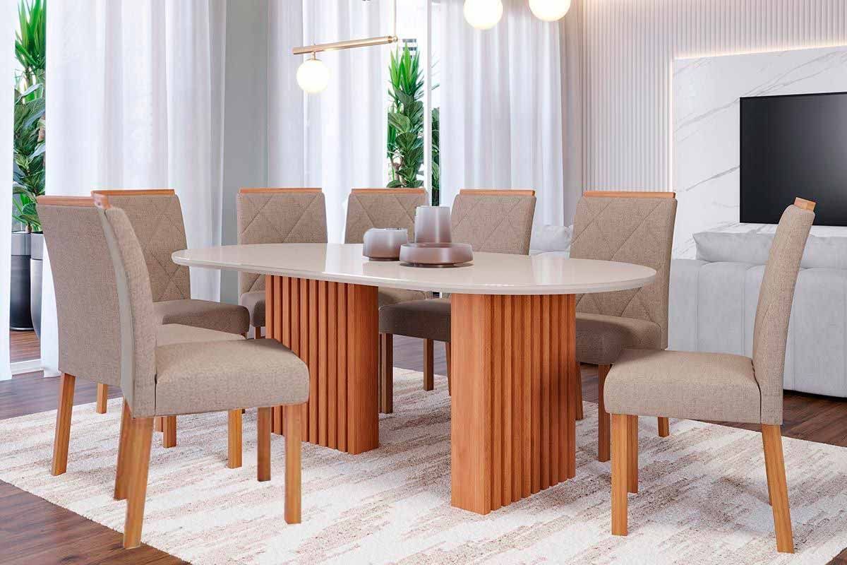 Sala Jantar Mesa Ester Tampo Madeirado c/ Vidro 210x100cm e 8 Cadeiras Fernanda - Cimol