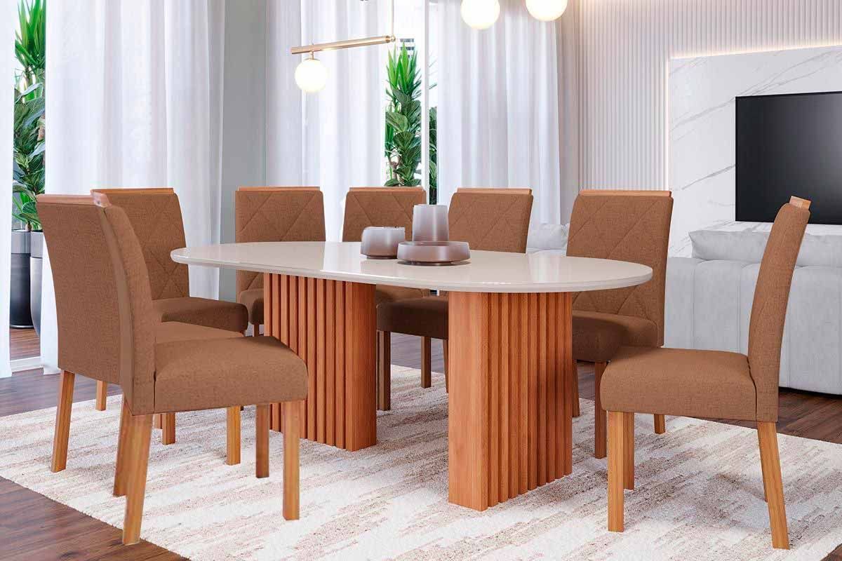 Sala Jantar Mesa Ester Tampo Madeirado c/ Vidro 210x100cm e 8 Cadeiras Fernanda - Cimol
