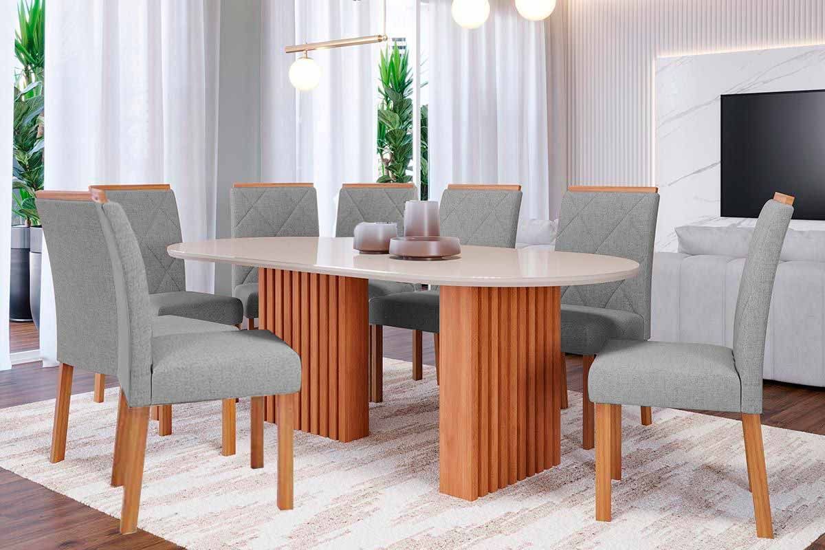 Sala Jantar Mesa Ester Tampo Madeirado c/ Vidro 210x100cm e 8 Cadeiras Fernanda - Cimol