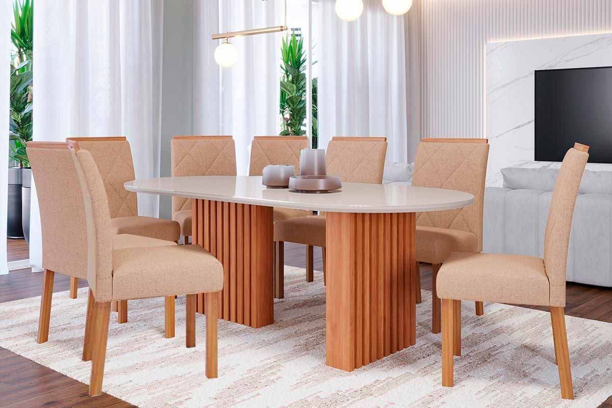 Sala Jantar Mesa Ester Tampo Madeirado c/ Vidro 210x100cm e 8 Cadeiras Fernanda - Cimol