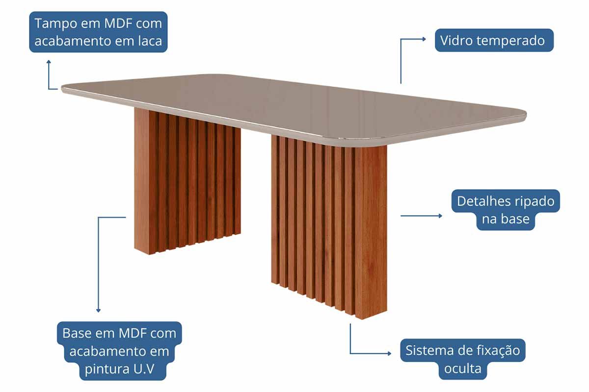 Sala Jantar Mesa Ester Tampo Madeirado c/ Vidro 210x100cm e 8 Cadeiras Fernanda - Cimol