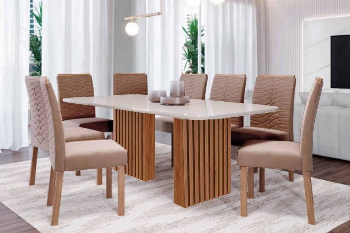 Sala Jantar Mesa Ester Tampo Madeirado c/ Vidro 210x100cm e 8 Cadeiras Clarice - Cimol