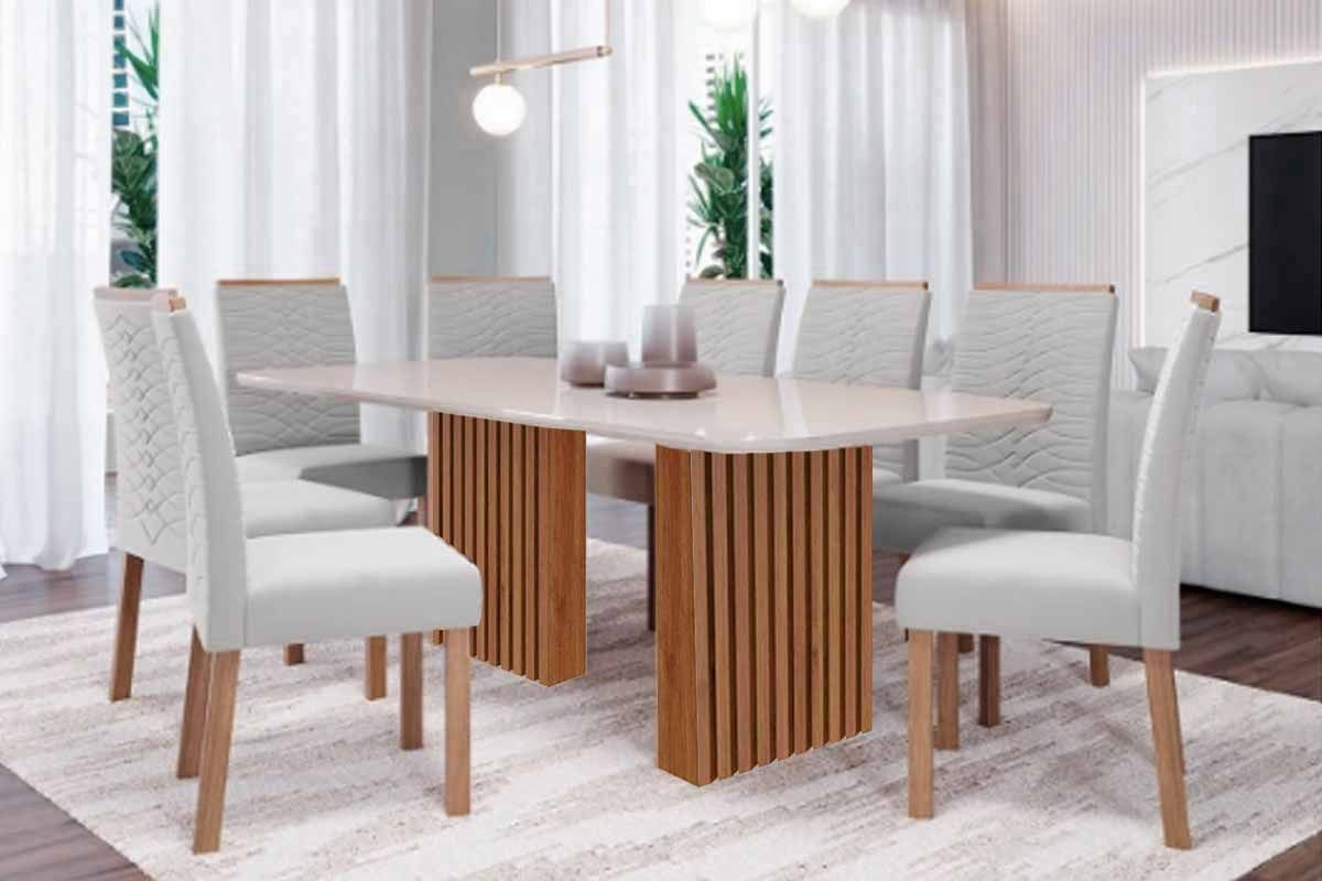 Sala Jantar Mesa Ester Tampo Madeirado c/ Vidro 210x100cm e 8 Cadeiras Clarice - Cimol