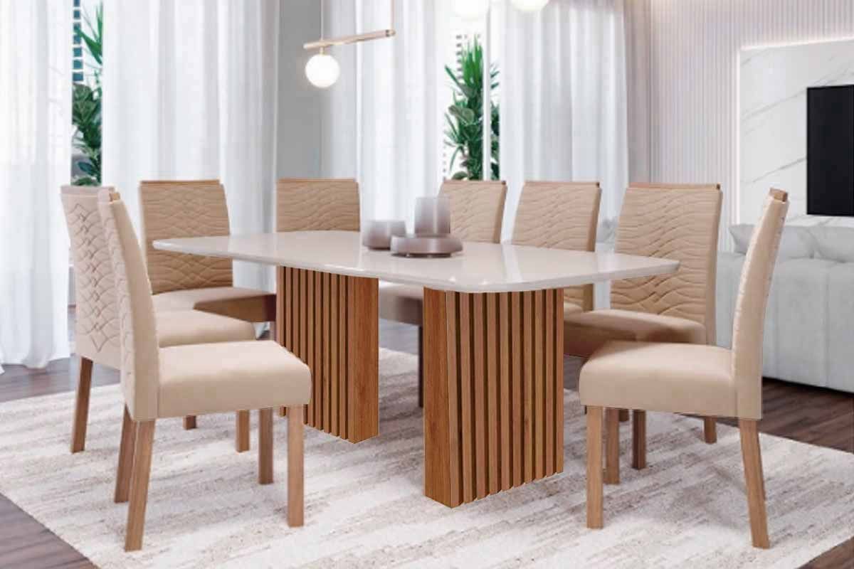 Sala Jantar Mesa Ester Tampo Madeirado c/ Vidro 210x100cm e 8 Cadeiras Clarice - Cimol