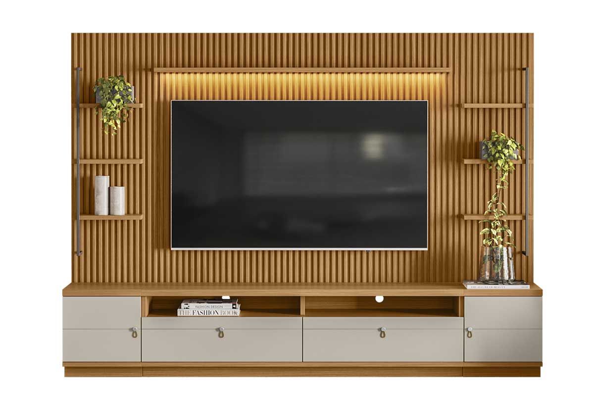 Home p/ TV até 75 Pol Ouro Preto Ripado c/2Gav. 2Ptas. 4Prat. e Leds 224x198cm Linea BrasilNature/Off White