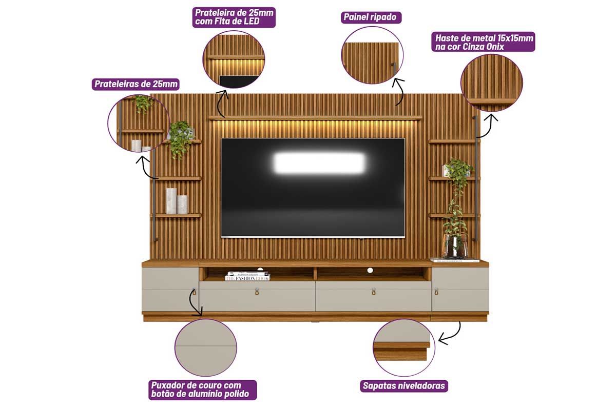 Home p/ TV até 75 Pol Ouro Preto Ripado c/2Gav. 2Ptas. 4Prat. e Leds 224x198cm Linea Brasil