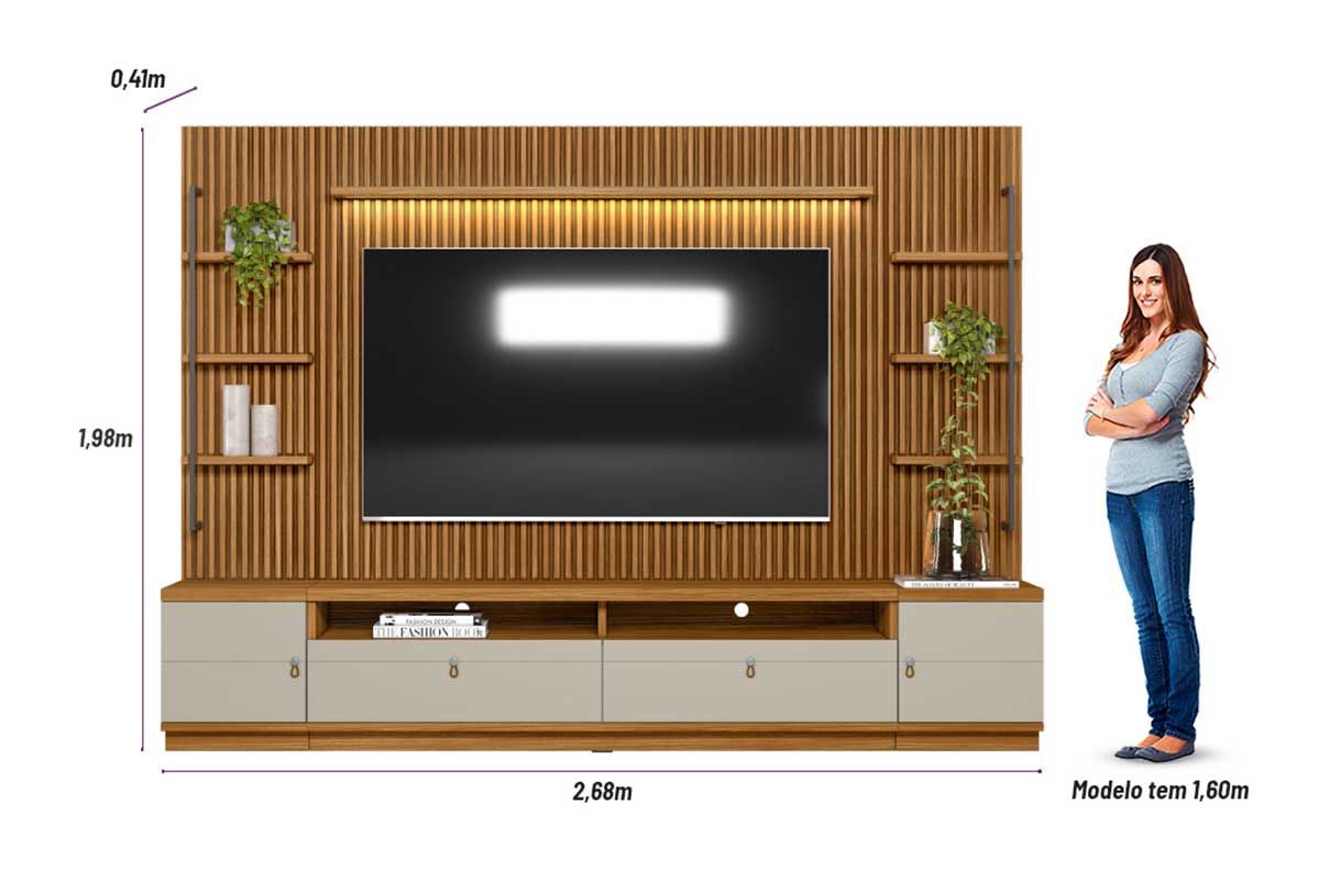 Home p/ TV até 75 Pol Ouro Preto Ripado c/2Gav. 2Ptas. 4Prat. e Leds 224x198cm Linea Brasil