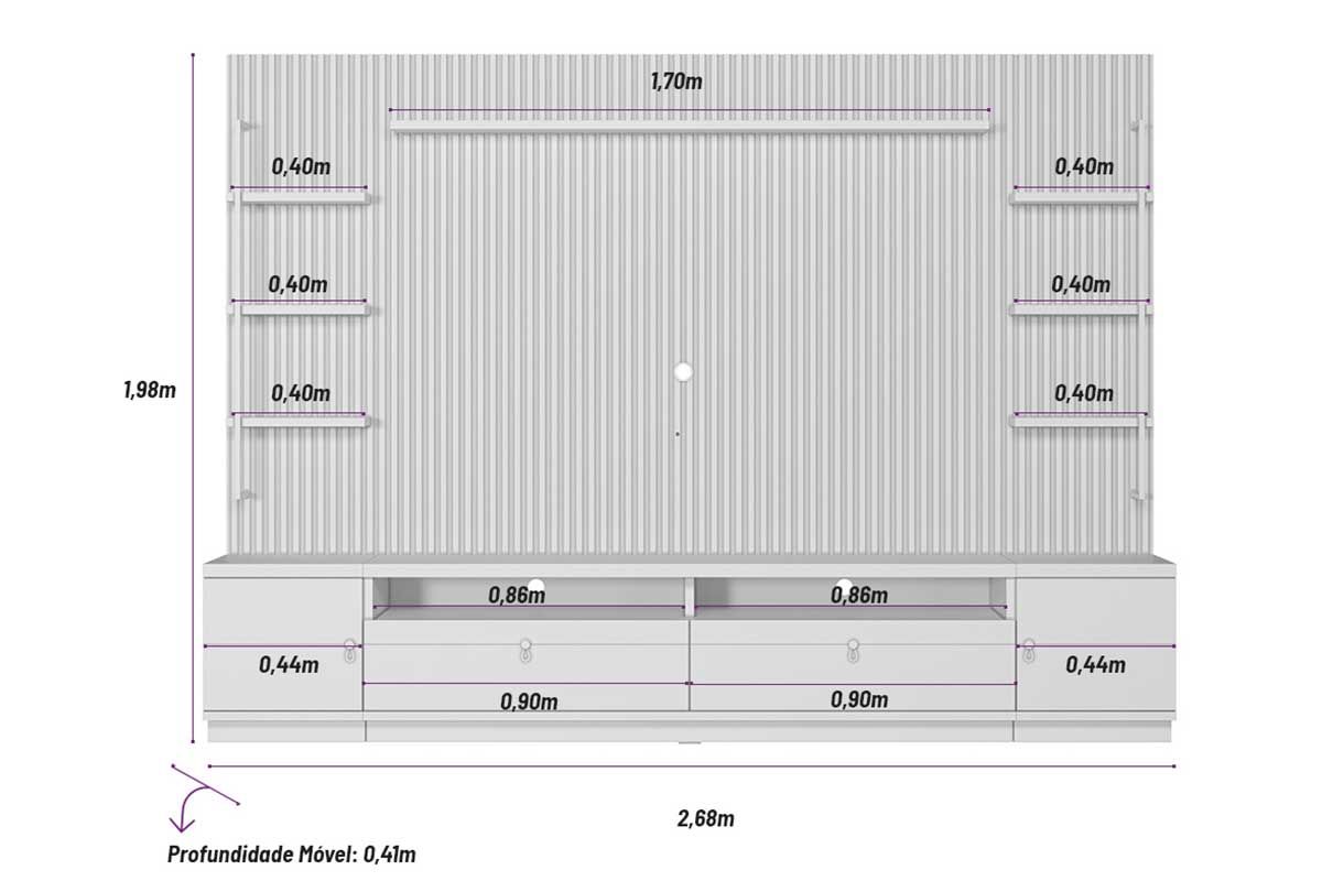 Home p/ TV até 75 Pol Ouro Preto Ripado c/2Gav. 2Ptas. 4Prat. e Leds 224x198cm Linea Brasil