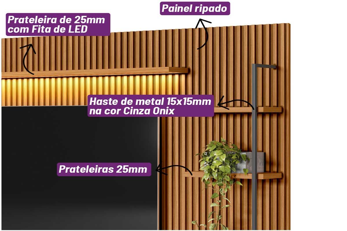 Home p/ TV até 75 Pol Ouro Preto Ripado c/2Gav. 2Ptas. 4Prat. e Leds 224x198cm Linea Brasil