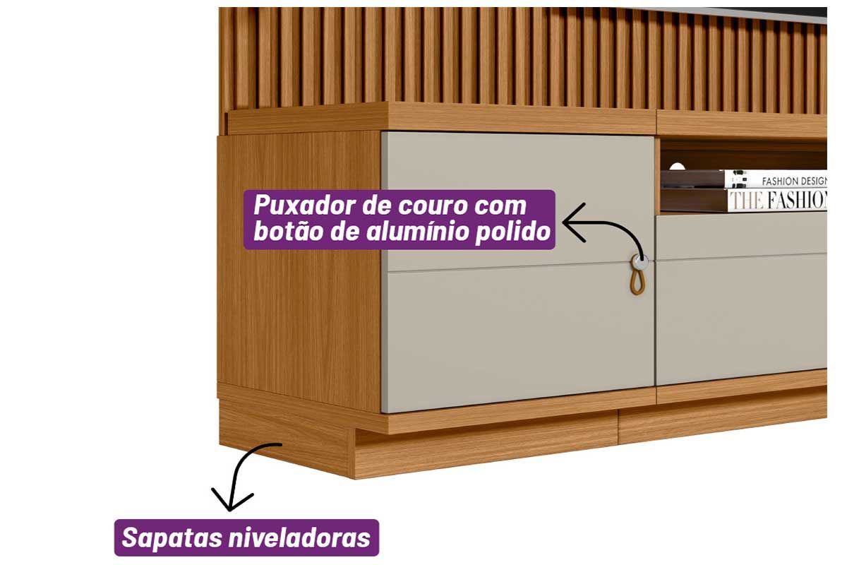 Home p/ TV até 75 Pol Ouro Preto Ripado c/2Gav. 2Ptas. 4Prat. e Leds 224x198cm Linea Brasil