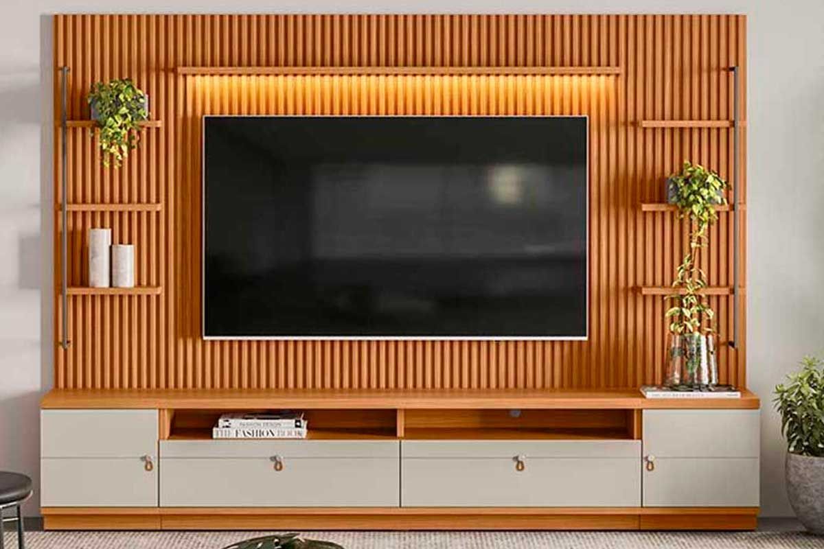 Home p/ TV até 75 Pol Ouro Preto Ripado c/2Gav. 2Ptas. 4Prat. e Leds 224x198cm Linea BrasilNature/Off White