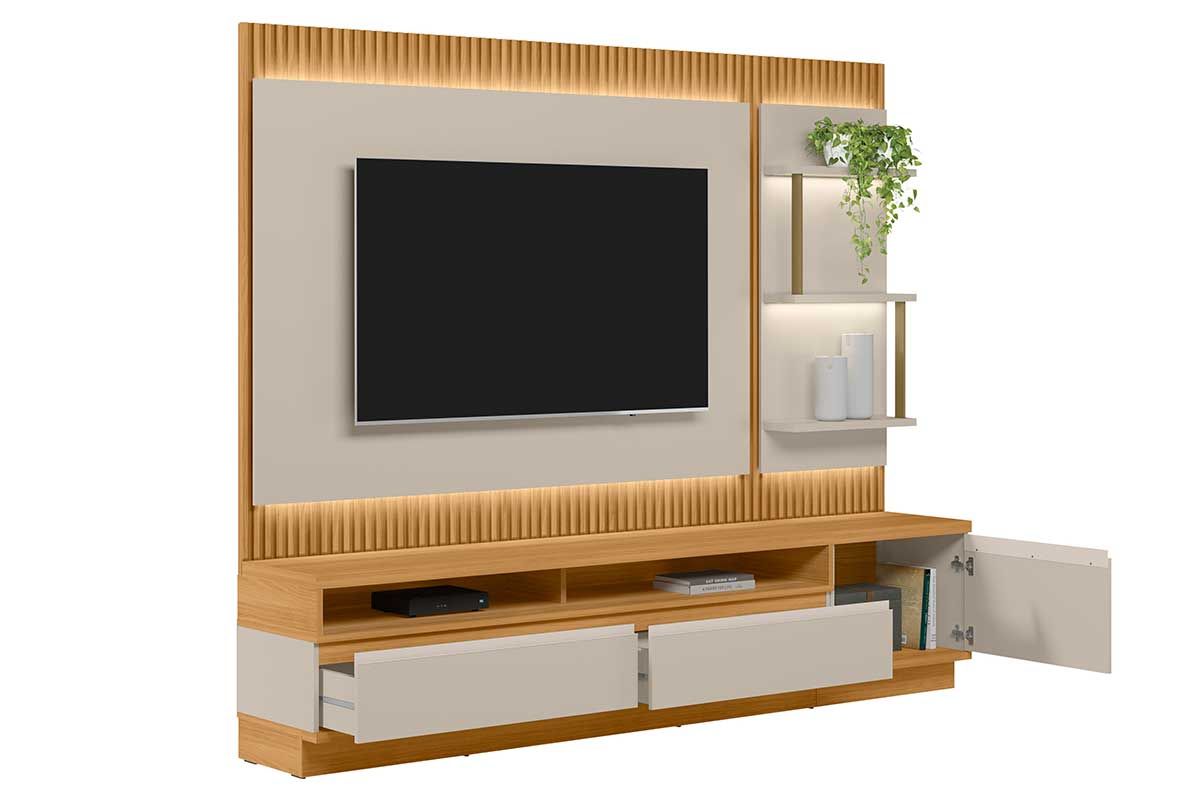 Home p/ TV até 70 Pol São Paulo Ripado c/1 Pta 2Gav 3 Prateleiras e Leds 238x198cm Linea Brasil