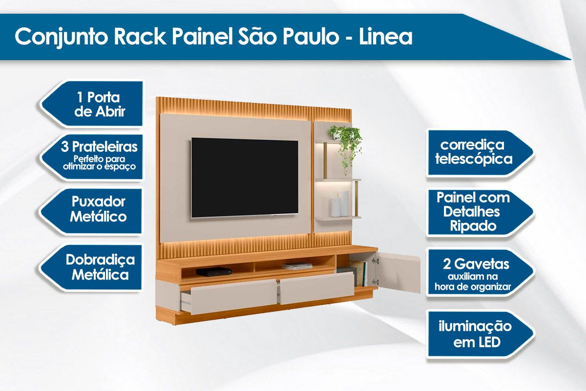 Home p/ TV até 70 Pol São Paulo Ripado c/1 Pta 2Gav 3 Prateleiras e Leds 238x198cm Linea Brasil