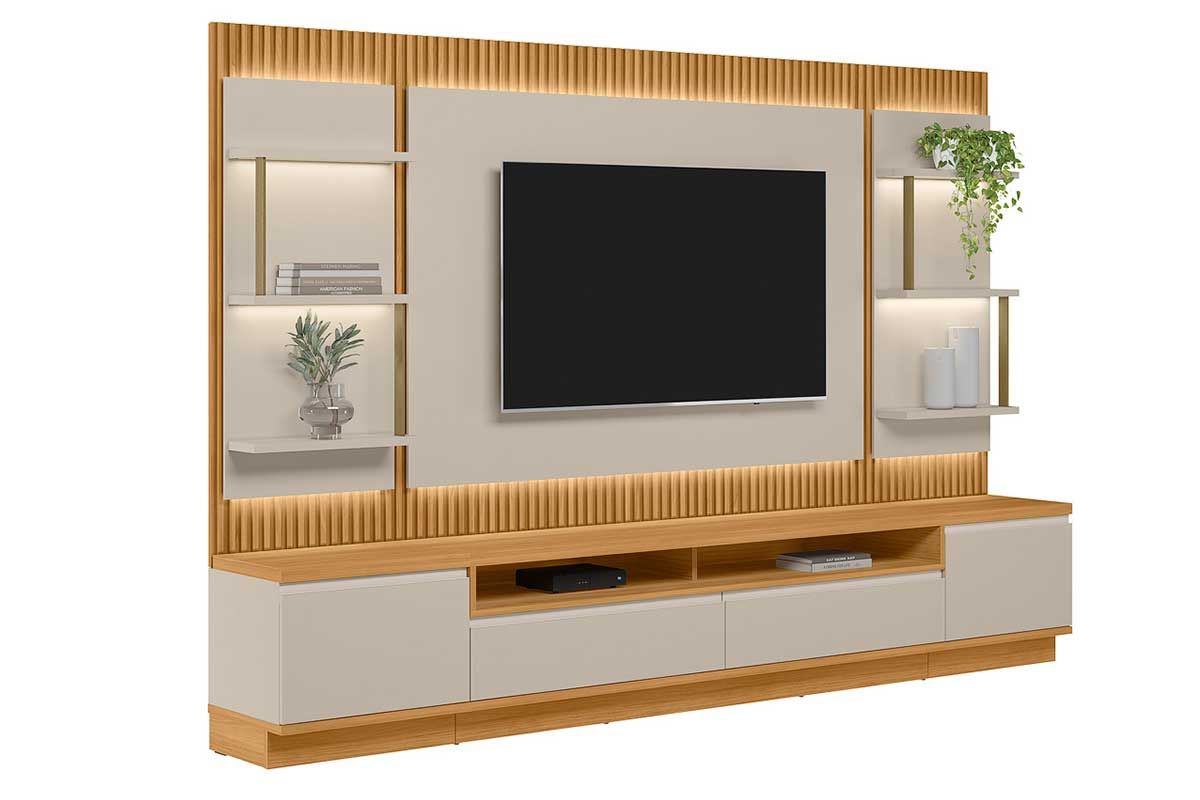 Home p/ TV até 70 Pol São Paulo Ripado c/4 Gav. 6 Prateleiras e Leds 297x198cm Linea BrasilTauari/Off White Fosco