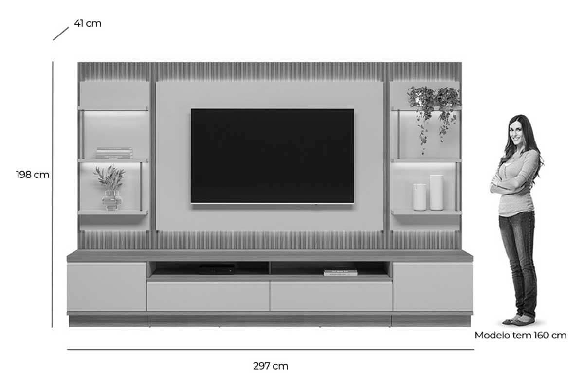 Home p/ TV até 70 Pol São Paulo Ripado c/4 Gav. 6 Prateleiras e Leds 297x198cm Linea Brasil