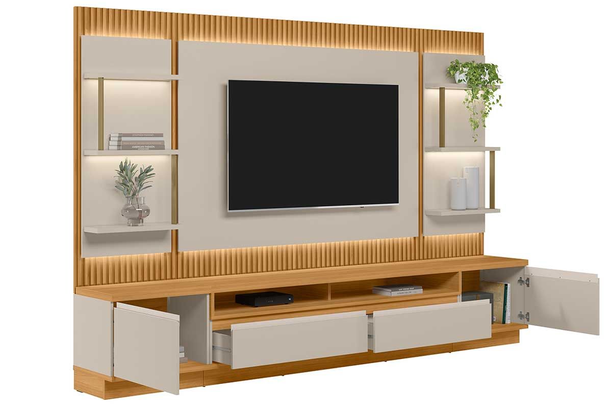 Home p/ TV até 70 Pol São Paulo Ripado c/4 Gav. 6 Prateleiras e Leds 297x198cm Linea Brasil