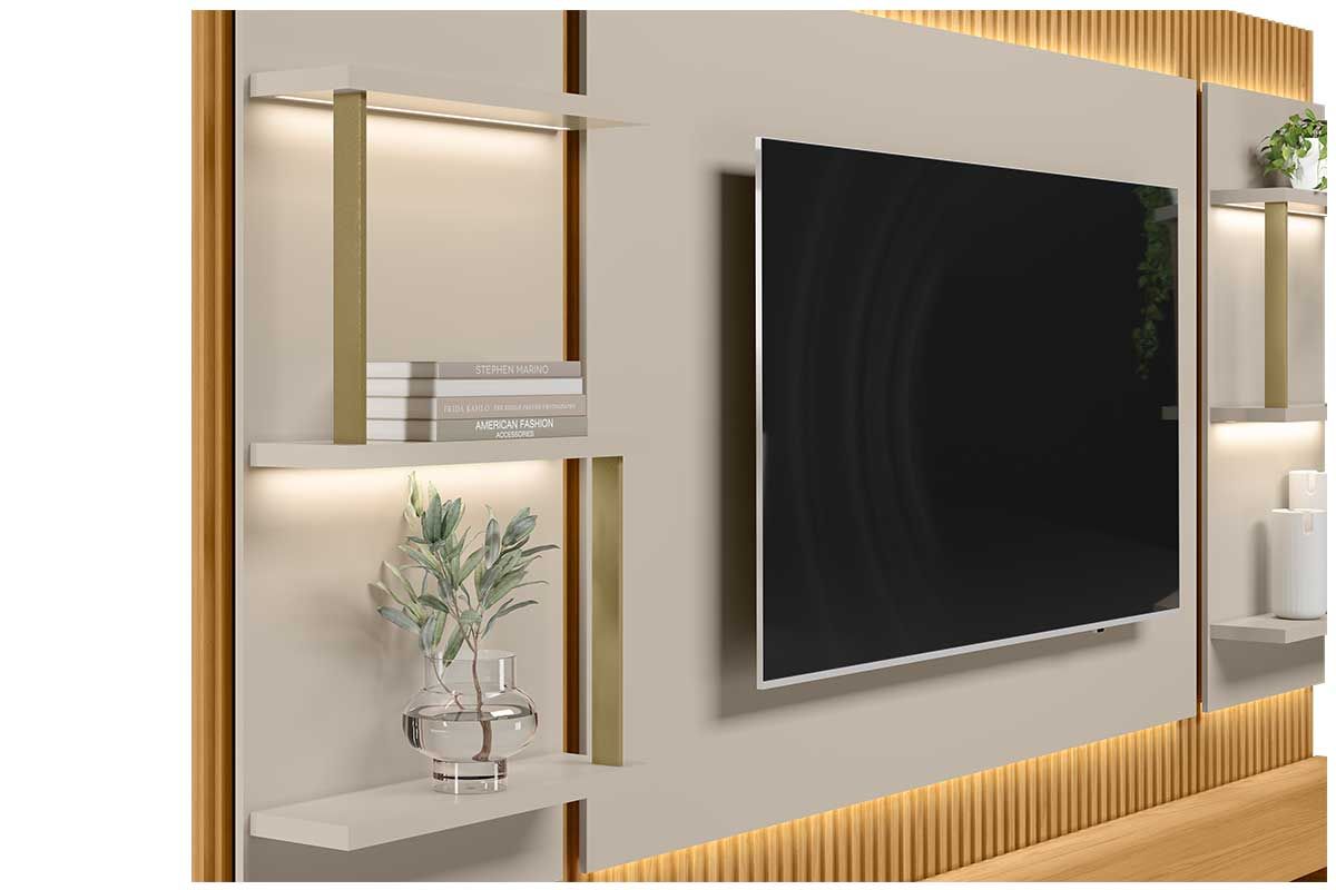 Home p/ TV até 70 Pol São Paulo Ripado c/4 Gav. 6 Prateleiras e Leds 297x198cm Linea Brasil