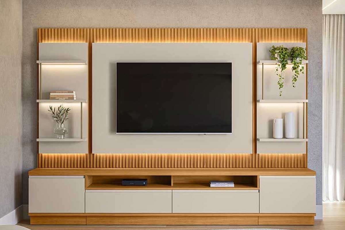Home p/ TV até 70 Pol São Paulo Ripado c/4 Gav. 6 Prateleiras e Leds 297x198cm Linea Brasil
