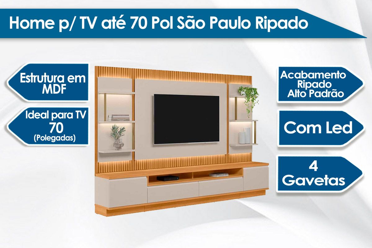Home p/ TV até 70 Pol São Paulo Ripado c/4 Gav. 6 Prateleiras e Leds 297x198cm Linea Brasil