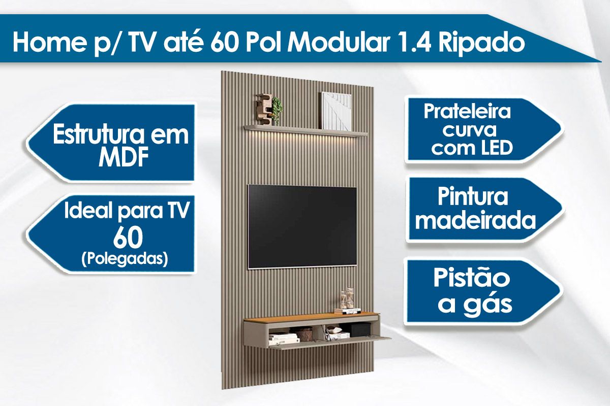Home p/ TV até 60 Pol Modular 1.4 Ripado c/2 Portas 1 Prat. 141x250cm Linea Brasil