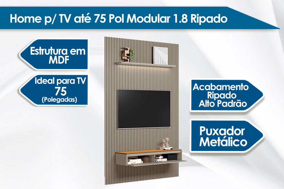 Home p/ TV até 75 Pol Modular 1.8 Ripado c/2 Portas 1 Prat. 180x250cm Linea Brasil