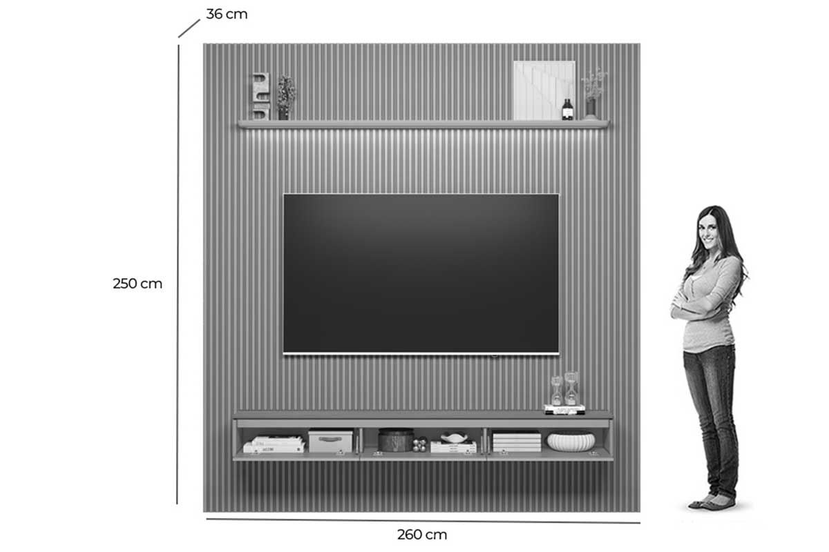 Home p/ TV até 90 Pol Modular 2.6 Ripado c/2 Portas 1 Prat. 258x250cm Linea Brasil