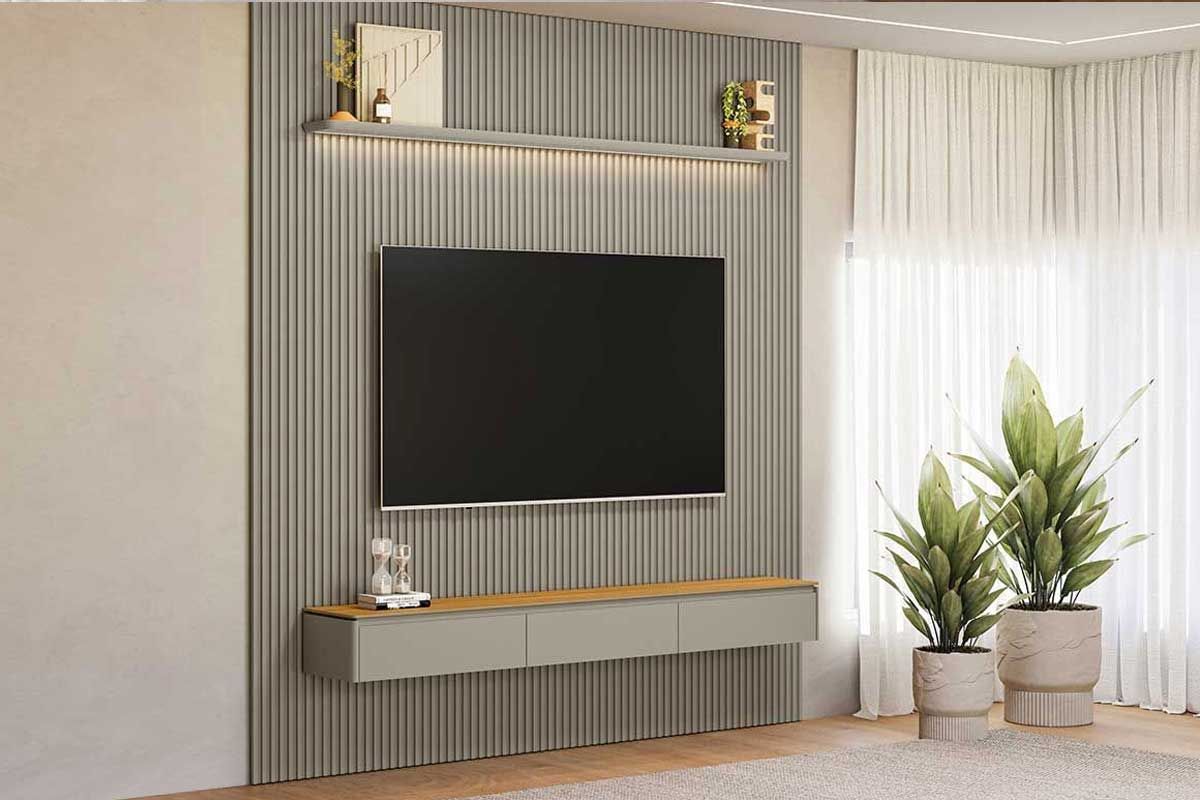 Home p/ TV até 90 Pol Modular 2.6 Ripado c/2 Portas 1 Prat. 258x250cm Linea BrasilTauari/Gris Fosco