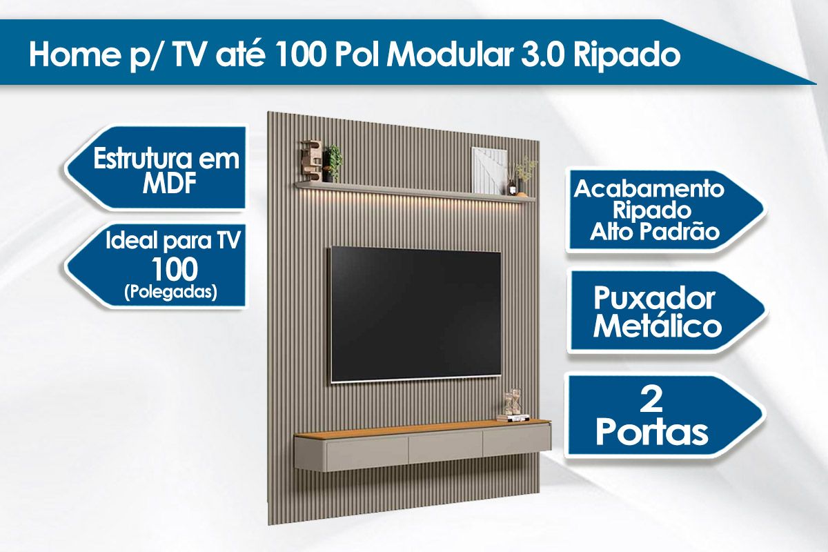 Home p/ TV até 100 Pol Modular 3.0 Ripado c/2 Portas 1 Prat. 297x250cm Linea Brasil Home p/ TV até 100 Pol Modular 3.0 Ripado c/2 Portas 1 Prat. 297x250cm Linea Brasil