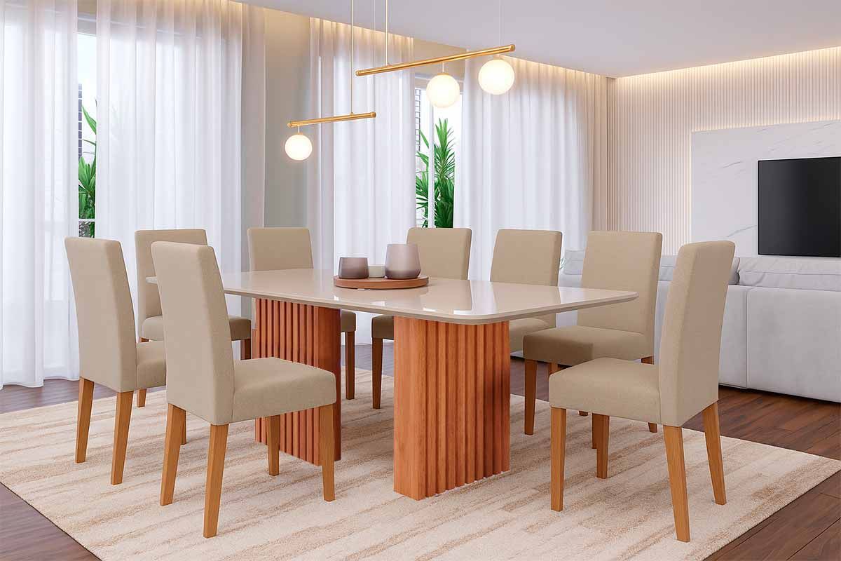 Sala Jantar Mesa Ester Tampo Madeirado c/ Vidro 210x100cm e 8 Cadeiras Maia - Cimol