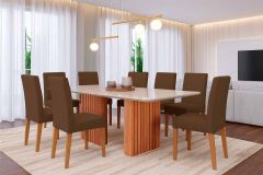 Sala Jantar Mesa Ester Tampo Madeirado c/ Vidro 210x100cm e 8 Cadeiras Maia - Cimol