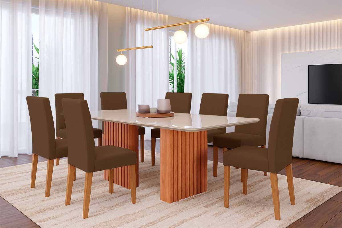 Sala Jantar Mesa Ester Tampo Madeirado c/ Vidro 210x100cm e 8 Cadeiras Maia - Cimol