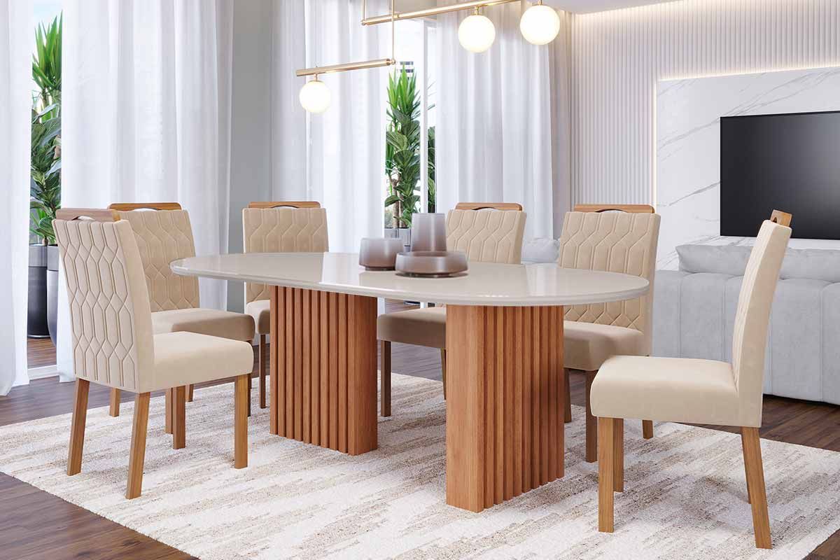 Sala Jantar Mesa Ester Tampo Madeirado Oval c/ Vidro 210x100cm e 6 Cadeiras Paola - Cimol