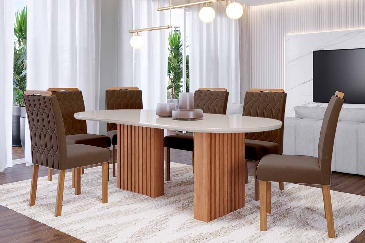 Sala Jantar Mesa Ester Tampo Madeirado Oval c/ Vidro 210x100cm e 6 Cadeiras Paola - Cimol