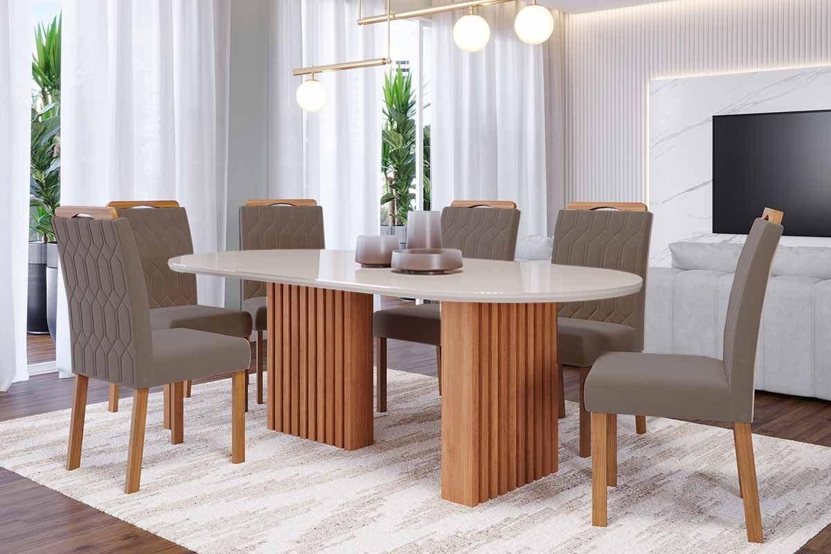 Sala Jantar Mesa Ester Tampo Madeirado Oval c/ Vidro 210x100cm e 6 Cadeiras Paola - Cimol