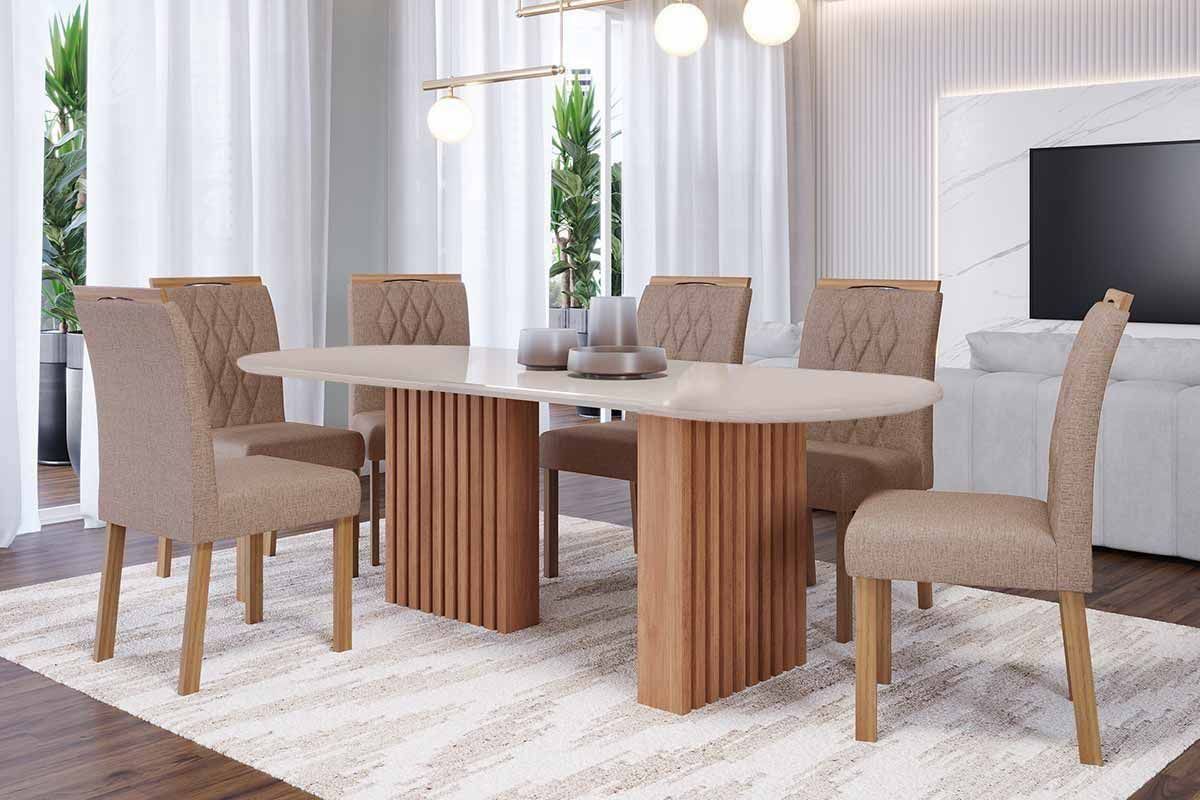 Sala Jantar Mesa Ester Tampo Madeirado Oval c/ Vidro 210x100cm e 6 Cadeiras Juliana - Cimol