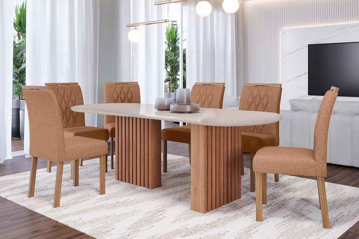 Sala Jantar Mesa Ester Tampo Madeirado Oval c/ Vidro 210x100cm e 6 Cadeiras Juliana - Cimol