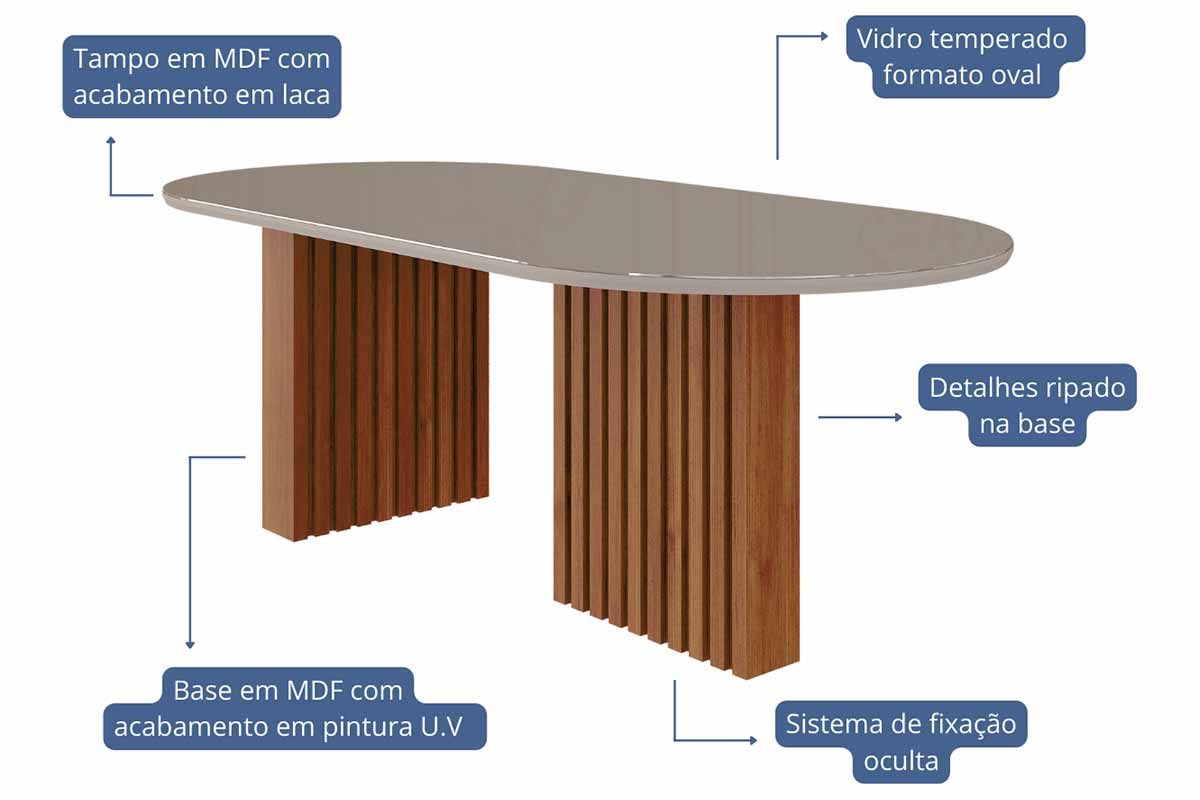 Sala Jantar Mesa Ester Tampo Madeirado Oval c/ Vidro 210x100cm e 6 Cadeiras Juliana - Cimol